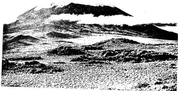 Above: VIEW OF KILIMANJARO (alt. 5,930 m). Below: VIEW OF MOUNT KENYA (alt. 5,195 m).