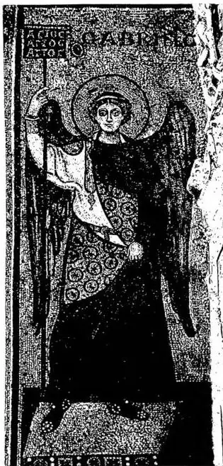 Left: THE ARCHANGEL GABRIEL WITH LABARUM. Mosaic of the 6th cent. - Ravenna, church of St. Apollinare in Classe. Right: IVORY DIPTYCH WITH EMPEROR HONORIUS (consul Probus: a. 406) in the act of supporting the labarum with the inscription: «In nomine Christi Vincas semper» - Aosta, Treasury of the Ca