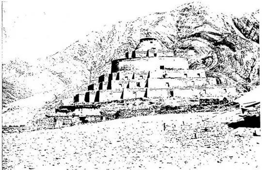 Above: SKU-ABUM (pr. lumbúm) temple of the 100,000 images at K'ro-p'u (pr. throphū). Below: INTERIOR OF TEMPLE in central Tibet.