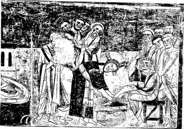 Above: WASHING OF THE FEET. Fresco of Cassinese school (11th cent.) - S. Angelo in Formis, Cathedral. Below: WASHING OF THE FEET. Painting by G. B. Caracciolo called « Battistello » (17th cent.) Naples, church of the charterhouse of S. Martino.