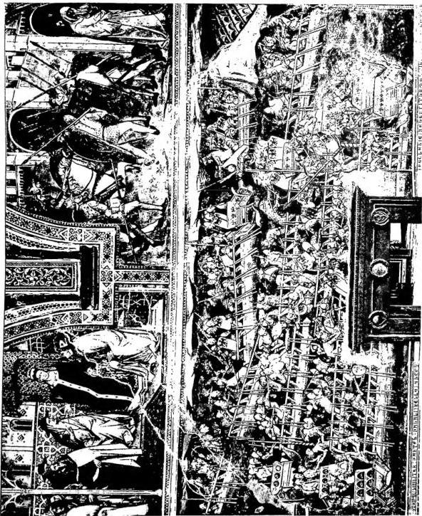 STORIES OF ALEXANDER III. Above: The Pope receives the Emperor; conquest of a city. Below: Naval battle between Venetians and Otto, son of Barbarossa. Frescoes by Spinello Aretino (14th cent.) - Siena, Palazzo comunale.