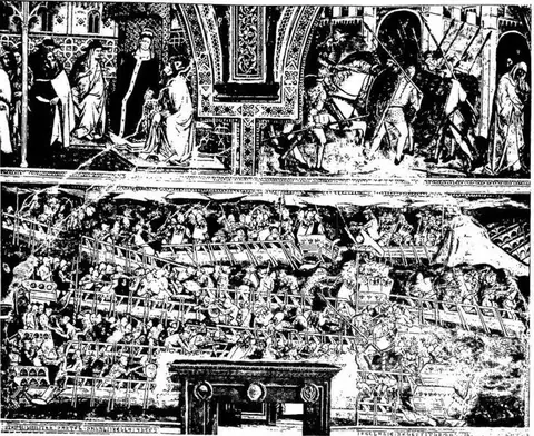 STORIES OF ALEXANDER III. Above: The Pope receives the Emperor; conquest of a city. Below: Naval battle between Venetians and Otto, son of Barbarossa. Frescoes by Spinello Aretino (14th cent.) - Siena, Palazzo comunale.