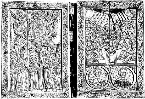 Above: IVORY BINDING with Christ in glory, the Virgin, the Apostles and Pentecost (11th-12th cent.) - Biblioteca Vaticana, ms. Barb. lat. 525. Below: SILVER BINDING OF THE EVANGELIARY called of countess Matilda (12th cent.) - Nonantola, Abbey.