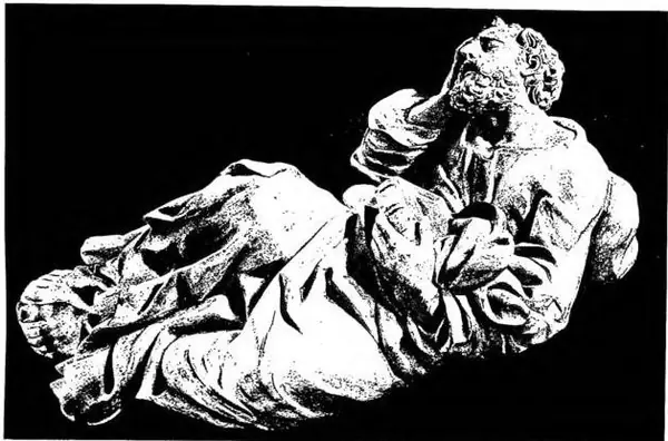 Above: THE APOSTLE PETER ASLEEP. Wooden statue from the group of the Agony in the Garden, work by an unknown artist, perhaps of the Schwanthaler family (ca. 1700) - Ried, Upper Austria, parish church. Below: CARVED WOODEN CHEST after a design by Antonio Barili (ca. 1508) - Siena, Palazzo comunale.