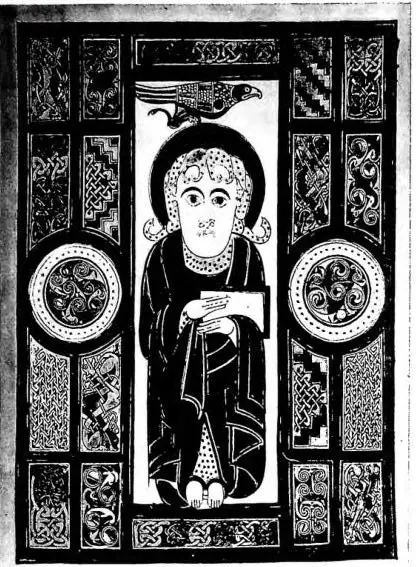 Left: ST. JOHN THE EVANGELIST. Miniature from the Evangeliary in insular script of the 8th cent. - St. Gall, Abbey Library, cod. 51. Right: CHRISTI AUTEM GENERATIO SIC ERAT (Mt. 1,18). Miniature from the Evangeliary in insular script of the 8th cent. - St. Gall, Abbey Library, cod. 51.