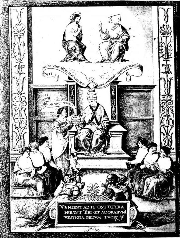 THE POPE ENTHRONED AMONG THE CARDINALS, illuminated by the Holy Trinity and assisted by Charity, receives the homage of Eastern princes. Miniature of the Florentine school (between 1513 and 1521) in the De veri pastoris munere by Giovanni Poggio - Biblioteca Vaticana, cod. Vat. lat. 3732, f. 1v.