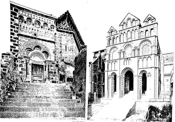 FACCIATA DELLA CATTEDRALE DI NOTRE-DAME (sec. XII con restauri moderni). ESTERNO DELLA CAPPELLA DI S. MICHELE di Le Rocher d'Aiguilhe (sec. XII).