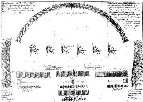 Plan of the deployment of the Christian fleet, for the battle of L. Pen-and-ink drawing - Vatican Library, Borghese collection, 4th series, 228 f. 42.