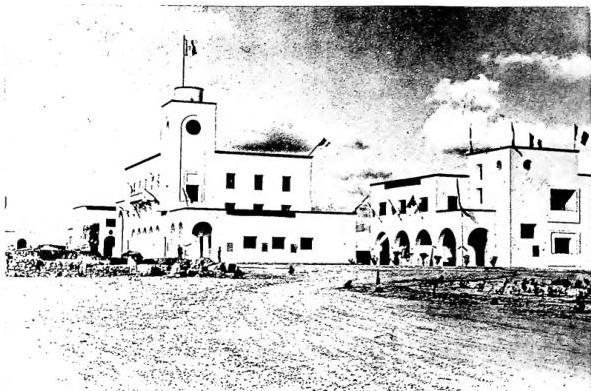 Above: THE AGRICULTURAL VILLAGE "BREVIGLIERI", decorated for the arrival of the colonists. On the left one can see the ruins of an ancient Roman oil press. Below: PANORAMA OF TRIPOLI.