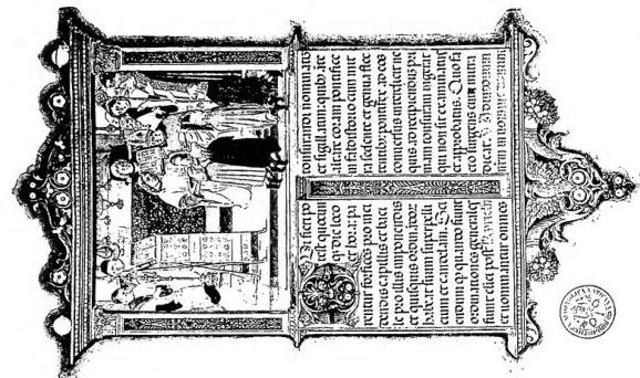 Left: ANTIPHONARIUM AD USUM DIOCESIS SPIRENSIS. Antiphons for the feast of St. Catherine of Alexandria. Manuscript executed in Speyer between 15 Aug. 1478 and 25 Oct. 1479 on commission from Hans von Gemmingen. Right: PONTIFICAL, written and illuminated for Giovanni Vitez, bishop of Veszprém (1489-1500). Conferral of the Tonsure - Biblioteca Vaticana, ms. Ottob. lat. 504.
