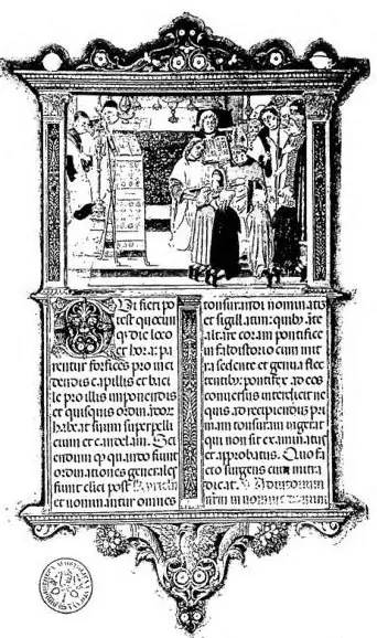 A sinistra: ANTIPHONARIUM AD USUM DIOCESIS SPIRENSIS. Antifone per la festa di s. Caterina d'Alessandria. Manoscritto eseguito a Spira tra il 15 ag. 1478 e il 25 ott. 1479 per incarico di Hans von Gemmingen. A destra: PONTIFICALE, scritto e miniato per Giovanni Vitez, vescovo di Vesprim (1489-1500).