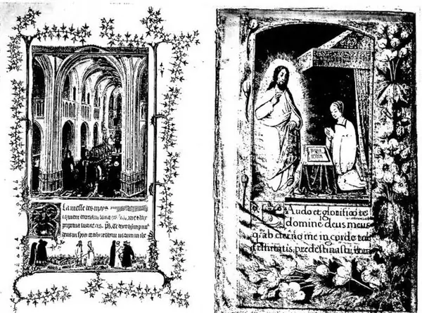Left: LES TRÈS BELLES HEURES DU DUC DE BERRY, f. 116. The Mass of the Dead: in the letter R Christ as Judge; below: blessing of the tombs. (Miniature attributed to G. van Eyck, early 15th cent.) - Turin, Museo civico. Right: BOOK OF HOURS of Renée of France (16th cent.) - Modena, Biblioteca Estense.