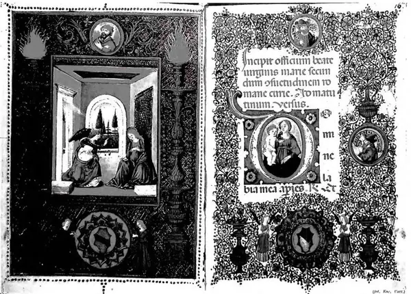 (Int. Enc. Catt.) Incipit of the Office of the Virgin. The Annunciation, the Virgin and Child. Florentine-style decoration, work by Francesco d'Antonio del Cherico and assistants (second half of the 15th cent.) - Biblioteca Vaticana, cod. Barb. lat. 38a, ff. 15°-16°.