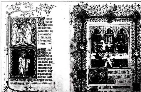 On the left: *Petites Heures du Duc de Berry* (Angels and St. John the Baptist). On the right: *Grandes Heures du Duc de Berry* (marriage at Cana).