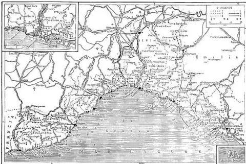 1) State borders; 2) regional borders; 3) provincial borders; 4) ecclesiastical district borders; 5) roads; 6) railways; 7) oratories; 8) parish churches; 9) abbeys.