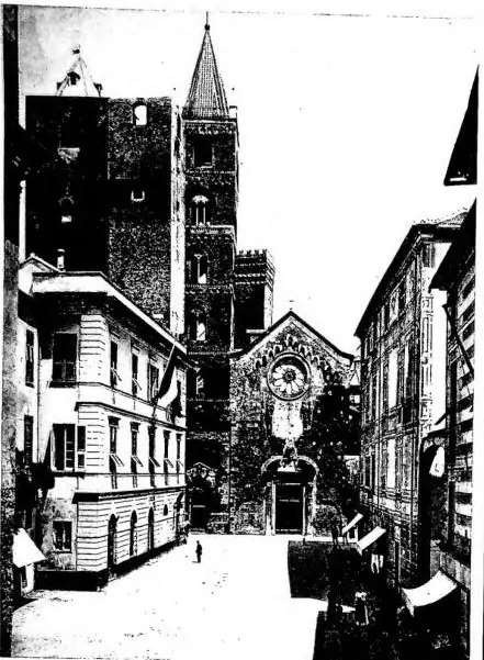 Left: THE CATHEDRAL OF ALBENGA (10th-12th cent., with later alterations). The bell tower is from the 15th cent. Right: VIA PALMA - San Remo.