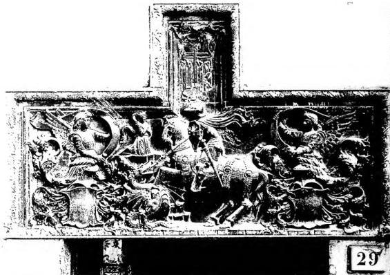Above: BAS-RELIEF WITH ST. GEORGE. Lombard school of the 15th cent. - Genoa, Palazzo in Piazza dell'Amico. Below: THE COOK by B. STROZZI - Genoa, Galleria Brignole.