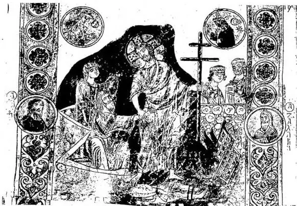 Above: DESCENT INTO LIMBO. Miniature from Exultet (ca. 1000) - Bari, Cathedral Archive. Below: JESUS VICTORIOUS OVER THE DEMON. Miniature from Exultet (12th cent.) - Rome, Biblioteca Casanatense.