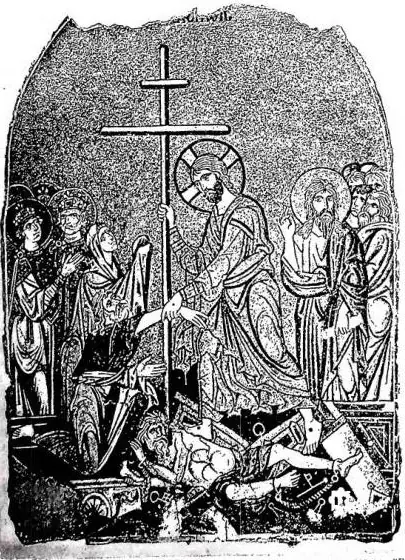 Left: DESCENT INTO LIMBO. Mosaic (late 11th cent.) - Daphni, monastery church. Right: DESCENT INTO LIMBO. Salisbury Psalter (early 14th cent.) - Paris, Bibliothèque nationale, ms. Lat. 765, f. 15.