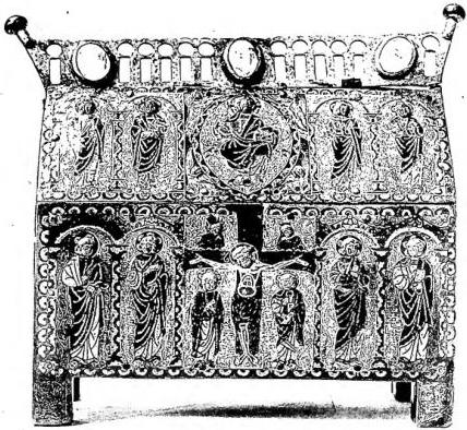 Above: COPPER RELIQUARY WITH LIMOGES ENAMELS, front part. Below: COPPER RELIQUARY WITH LIMOGES ENAMELS, back part (13th cent.) - Villeneuve (Aosta), parish church.