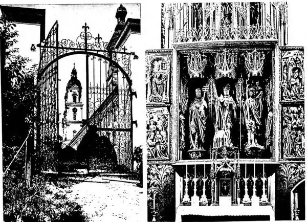 Left: CHURCH OF THE ABBEY OF ST. FLORIAN, built by C. Antonio Carlone (1686). Right: PARISH CHURCH OF KEFERMARKT. Carved altar (1490-98). Triptych with St. Peter, St. Wolfgang and St. Christopher.