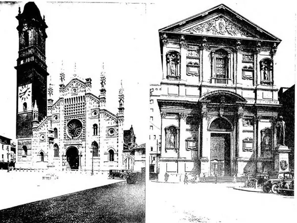 A sinistra: FACCIATA DEL DUOMO DI MONZA. Matteo da Campione (1390-96). Il campanile è del 1592 su disegno del Pellegrini. A destra: FACCIATA DELLA CHIESA DI S. FEDELE DI MILANO (1569) e monumento ad Alessandro Manzoni.