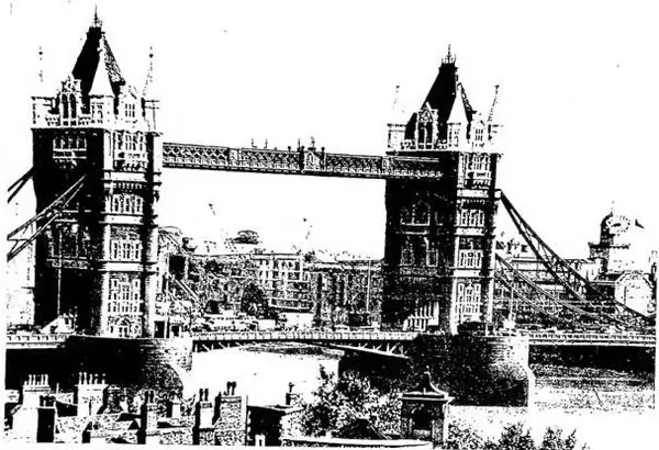 Above: TOWER BRIDGE IN LONDON. Below: AERIAL VIEW OF THE CITY.