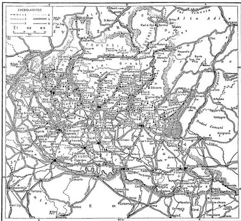 1) State boundaries; 2) regional boundaries; 3) provincial boundaries; 4) limits of ecclesiastical district; 5) roads; 6) railways; 7) oratories; 8) parish churches; 9) abbeys.