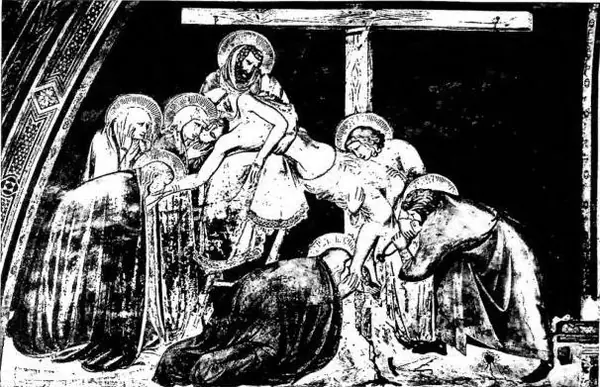 Above: DEPOSITION FROM THE CROSS. Painting by Pietro Lorenzetti - Assisi, lower church of S. Francesco. Below: MADONNA ENTHRONED AMONG ANGELS, SAINTS AND THE PERSONIFICATIONS OF FAITH, HOPE AND CHARITY. Painting by Ambrogio Lorenzetti - Massa Marittima, Museum.