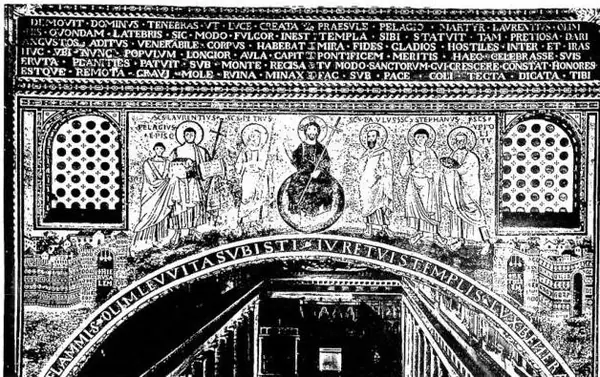 In alto: S. LORENZO IN ATTO DI PRESENTARE A CRISTO PELAGIO II CHE REGGE IL MODELLO DELLA BASILICA. Musaico dell'arco trionfale di S. Lorenzo fuori le mura (578-90) - Roma. In basso: S. LORENZO CON LA GRATICOLA, istrumento del suo martirio. Musaico del sec. v - Ravenna, cosiddetto Mausoleo di Galla P