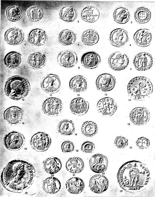 CONSTANTINIAN, POST-CONSTANTINIAN AND BYZANTINE COINS: 1-3) small bronzes of Constantine the Great; 4) gold solidus of Galla Placidia; 5) small bronze of Constans I; 6) gold solidus of Galla Placidia; 7-8) gold solidi of Valentinian III; 9-10) bronzes of Magnentius; 11-12) gold solidi of Anthemius; 13) small bronze of Valentinian I; 14) gold solidus of Valentinian III; 15) gold solidus of Eudocia (wife of the preceding); 16) gold semissis of Valentinian III; 17) third of a gold solidus of Olybrius; 18) third of a gold solidus of Valentinian III; 19) silver medallion of Honorius; 20) gold solidus of Justinian II (685-95); 21) gold solidus of Justinian II; 22) gold solidus of John I Tzimiskes (969-76) - Rome, Gipsoteca of Dr. S. L. Cesano.