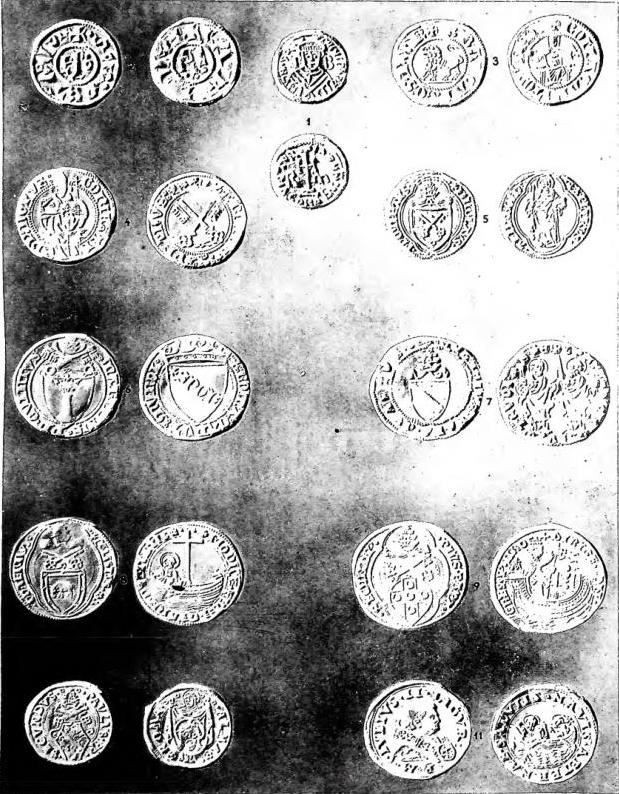 PAPAL COINS: 1) silver denaro of Pope Adrian I (772-95); 2) silver denaro of monogrammatic type of Leo III and Charlemagne (795-814); 3) silver grosso of Brancaleone d'Andalò, senator of Rome (1253-56); 4) silver grosso of Boniface IX (1389-1404); 5) gold ducat of Nicholas V (1447-55); 6) silver reinforced grosso of Martin V (1417-47); 7) silver grosso of Eugene IV (1431-47); 8) silver grosso of Callixtus III (1455-58); 9) silver grosso of Pius II (1458-64); 10) gold ducat of Paul II (1464-71); 11) gold double ducat of Julius II (1503-13) - Medagliere Vaticano.