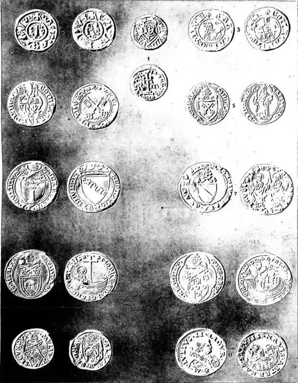 PAPAL COINS: 1) silver denaro of Pope Adrian I (772-95); 2) silver denaro of monogrammatic type of Leo III and Charlemagne (795-814); 3) silver grosso of Brancaleone d'Andalò, senator of Rome (1253-56); 4) silver grosso of Boniface IX (1389-1404); 5) gold ducat of Nicholas V (1447-55); 6) silver rei