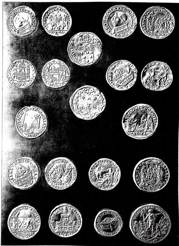 PAPAL COINS: 1) gold two-and-a-half ducats of Leo X (1513-21); 2) silver triple giulio of Leo X; 3) silver giulio of Leo X; 4) silver quarter ducat of Clement VII (1523-34), from Castel S. Angelo; 5) one-and-a-half giulio of Clement VII; 6) rev. of silver testone of Pius V (1566-72); 7) rev. of silver testone of Gregory XIII (1572-85); 8) testone of Sixtus V (1585-90); 9) rev. of testone of Paul V (1605-21); 10) rev. of gold quadrupla of Innocent XI (1676-89); 11) rev. of gold quadrupla of Alexander VIII (1689-91); 12) rev. of gold quadrupla of Innocent XII (1691-1700); 13) rev. of silver giulio of Alexander VII (1655-67); 14) rev. of silver half scudo of Innocent XI (1676-89) - Medagliere Vaticano.