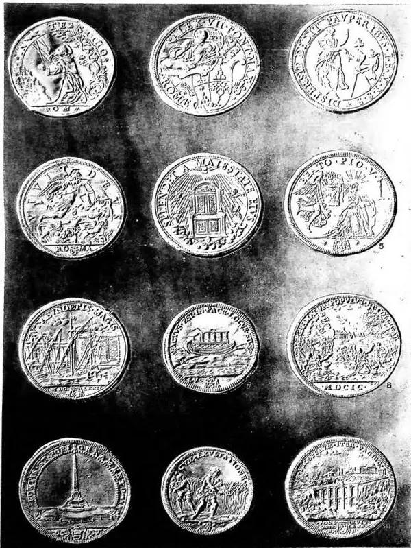 PAPAL COINS: 1) rev. of silver piastra of Sixtus V (1585-90); 2) silver scudo of Alexander VII (1655-67); 3) rev. of silver scudo of Urban VIII (1623-44); 4) rev. of silver scudo of Clement IX (1667-69); 5-6) rev. of silver scudo of Clement X (1670-76); 7) rev. of silver half scudo of Innocent XII (