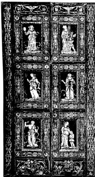 Left: THE LIBERAL ARTS. Inlaid wooden door, after a design by Francesco di Giorgio Martini - Urbino, Ducal Palace. Right: ANGEL BEARER OF THE CANDLE. Bronze by Francesco di Giorgio Martini - Siena, high altar of the Cathedral.