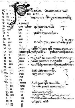 Above left: MONTH OF JANUARY FROM THE CALENDAR OF ST. WILLIBRORD (ca. 702-705) - Paris, National Library, ms. lat. 10837, f. 34v. Above right: HIERONYMITE MARTYROLOGY. Codex Laureshamensis (9th cent.) with the laterculi from the 6th kal. to the day before the Kalends of February - Vatican Library, cod. Pal. lat. 238, f. 2r of the fragment inserted at the end of the codex. Below: HIERONYMITE MARTYROLOGY. Codex Bernensis (8th cent.) with the laterculi from the 4th kal. to the day before the Kalends of July; of particular interest the notice concerning Sts. Peter and Paul - Bern, City Library, cod. 289, f. 101v-102v.