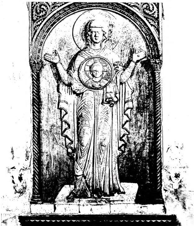 MARY MOST HOLY PRAYING WITH THE CLIPEATE IMAGE OF THE CHILD JESUS IN HER LAP. The Mater Domini. Byzantine sculpture of the 11th cent. - Venice, church of S. Maria Mater Domini.