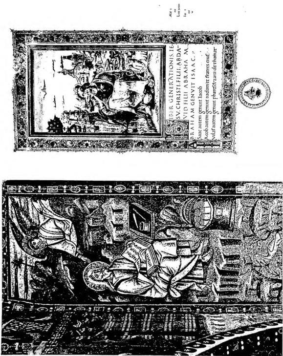 Left: ST. MATTHEW WRITING THE GOSPEL. Mosaic of the 6th cent. - Ravenna, church of S. Vitale. Right: ST. MATTHEW WRITING THE GOSPEL. Miniature of the Ferrarese school (15th cent.) - Vatican Library, cod. Urb. Ist., 10.