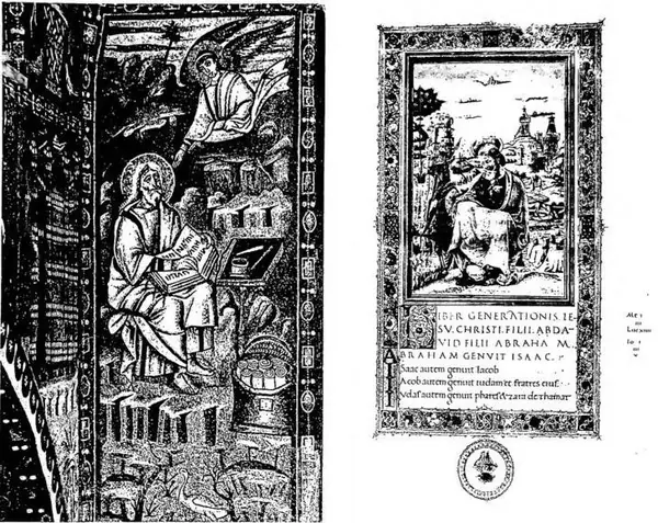 Left: ST. MATTHEW WRITING THE GOSPEL. Mosaic of the 6th cent. - Ravenna, church of S. Vitale. Right: ST. MATTHEW WRITING THE GOSPEL. Miniature of the Ferrarese school (15th cent.) - Vatican Library, cod. Urb. Ist., 10.
