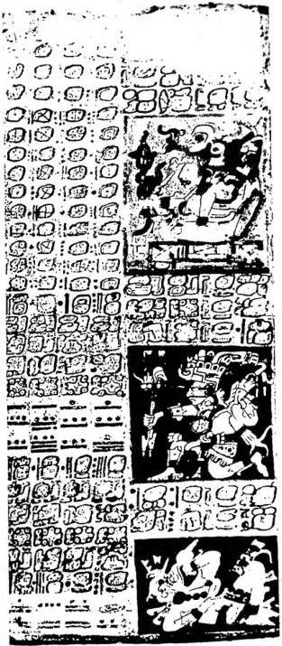 Left: PAGE OF THE DRESDEN MAYA CODEX. Above right: RELIEF VASE from Guatemala. Below right: THE GOD OF WHEAT. Stele - Guatemala.