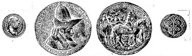 Above centre: Recto and verso of the medal of JOHN VIII PALAEOLOGUS, Pisanello (1438) - Paris, Cabinet of Medals. At the sides: Recto and verso of the medal of FRANCESCO II OF CARRARA - Paris, Cabinet of Medals. Centre left: Recto and verso of the medal of PHILIP II OF SPAIN, Jacopo da Trezzo (16th cent.) - Paris, Cabinet of Medals. Centre right: Recto and verso of the medal of HENRY IV, Nicolas Greinier (17th cent.) - Paris, Cabinet of Medals. Below left: Recto of the satirical medal representing PAUL III WITH THE DEVIL AS COUNSELLOR - Paris, Cabinet of Medals. Below centre: Recto and verso of the medal of EMPEROR CHARLES III AND EMPRESS MARIA AMALIA - Paris, Cabinet of Medals. Below right: Recto of the medal of GOETHE, G. David (1829) - Paris, Cabinet of Medals.