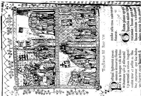 Left: CONSTRUCTION OF THE CATHEDRAL OF MODENA. Above: the architect Lanfranco orders the excavation of the foundations. Note the inscriptions: «Lanfrancus architectorum» and «Operarii». Below: the architect Lanfranco directs the first structures. Note the inscriptions: «Lanfrancus» and «Artifices» «Operarii». Miniatures from the Relatio translationis corporis s. Geminiani (13th cent.) - Modena, Archivio capitolare. Right: ACT OF HOMAGE. Miniature from the Chronicon (1347-49) by Egidio le Misuit, abbot of S. Martino di Tournai - Courtrai, Biblioteca della città, no. 135.