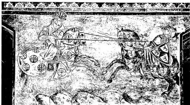 Above: TOURNAMENT SCENE. Fresco (13th-14th cent.) - S. Gimignano, Museo. Below: RICH AND POOR. Detail of the Triumph of Death. Fresco attributed to a Bolognese master (14th cent.) - Pisa, Camposanto.
