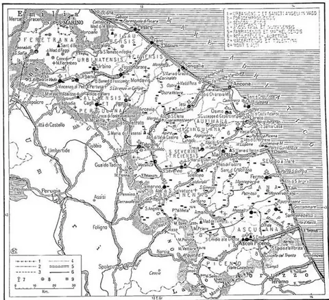 1) State borders; 2) regional borders; 3) provincial borders; 4) ecclesiastical district borders; 5) roads; 6) railways; 7) oratories; 8) parish churches; 9) abbeys.