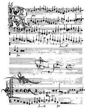 Above left: KYRIE of the Mass L'homme armé by G. Dufay - Biblioteca Vaticana, Cappella Sistina 49, f. 36v (early 16th cent.). Above right: KYRIE of the Mass L'homme armé by A. Brumel - Biblioteca Vaticana, cod. Vat. Chig. C. VIII. 234, f. 199v (ca. 1500). Below left: GLORIA with Marian tropes from the Missa de Beata Virgine by Josquin (Josse Després). Below right: AGNUS DEI of the Mass Simile est regnum cælorum by Th. L. de Vitoria - Biblioteca Vaticana, Cappella Sistina 212, f. 22v.