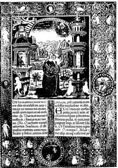 Left: MISSAL OF MATTHIAS CORVINUS. Introit and collect of the first Sunday of Advent. Miniature by a Hungarian artist (ca. 1490) David in prayer. In the architectural motifs: Martyrdom of St. Sebastian. In the lower frieze: Coat of arms of Matthias Corvinus - Biblioteca Vaticana, cod. Urb. Lat. 110,