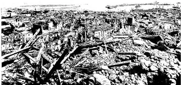 Above: VIEW OF THE PORT, destroyed by the 1908 earthquake - Messina. Below: AERIAL VIEW OF THE PORT AND THE CITY.