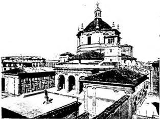 Above left: CHURCH OF S. LORENZO - Milan. Above right: TEATRO DELLA SCALA. Architect G. Piermarini - Milan. Below: AERIAL VIEW of the Castello Sforzesco - Milan.