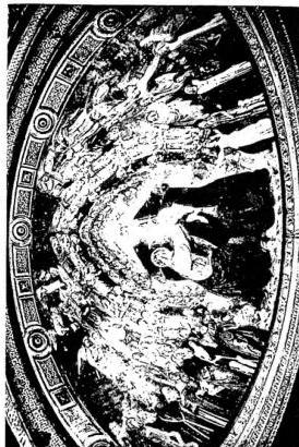 Above left: CHRIST IN GLORY BETWEEN SAINTS GERVASIUS AND PROTASIUS. The two side scenes represent the vision of St. Ambrose and the funeral of St. Martin of Tours, Mosaic (late 10th cent.) - Milan, basilica of S. Ambrogio. Above right: CORONATION OF THE VIRGIN. Fresco by Borgognone (1517). Abbey of the church of S. Simpliciano - Milan. Below left: ABBEY OF S. PIETRO IN MONTE. Fresco with apocalyptic scene. The killing of the Dragon (12th cent.). Below right: FRESCO WITH THE GAME OF TAROT (early 15th cent.) - Milan, Palazzo Borromeo.